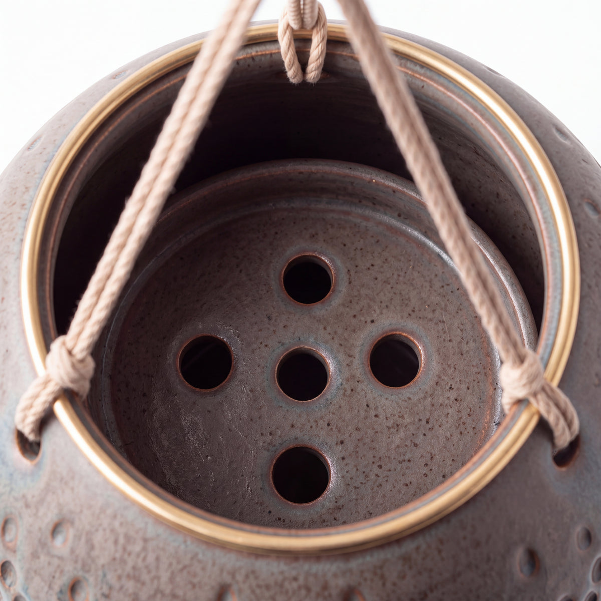 TERRA Collection | Hanging Bubble Planter — Hand-Carved Sphere Clay Pot with Brass Ring & Cotton Rope