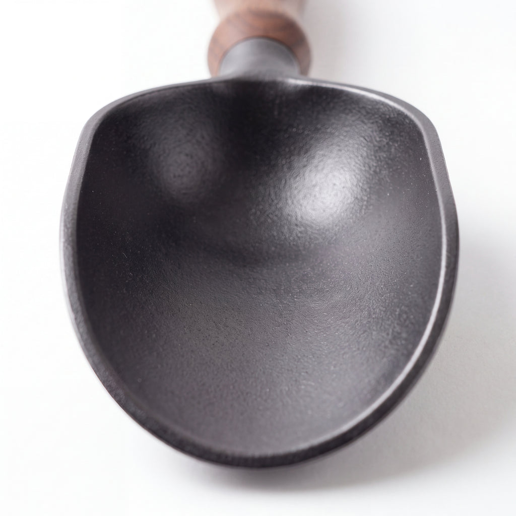STEEL Collection | Cast Iron Soil Scoop — Walnut Handle, Deep Bowl Forged Garden Scoop for Potting & Repotting