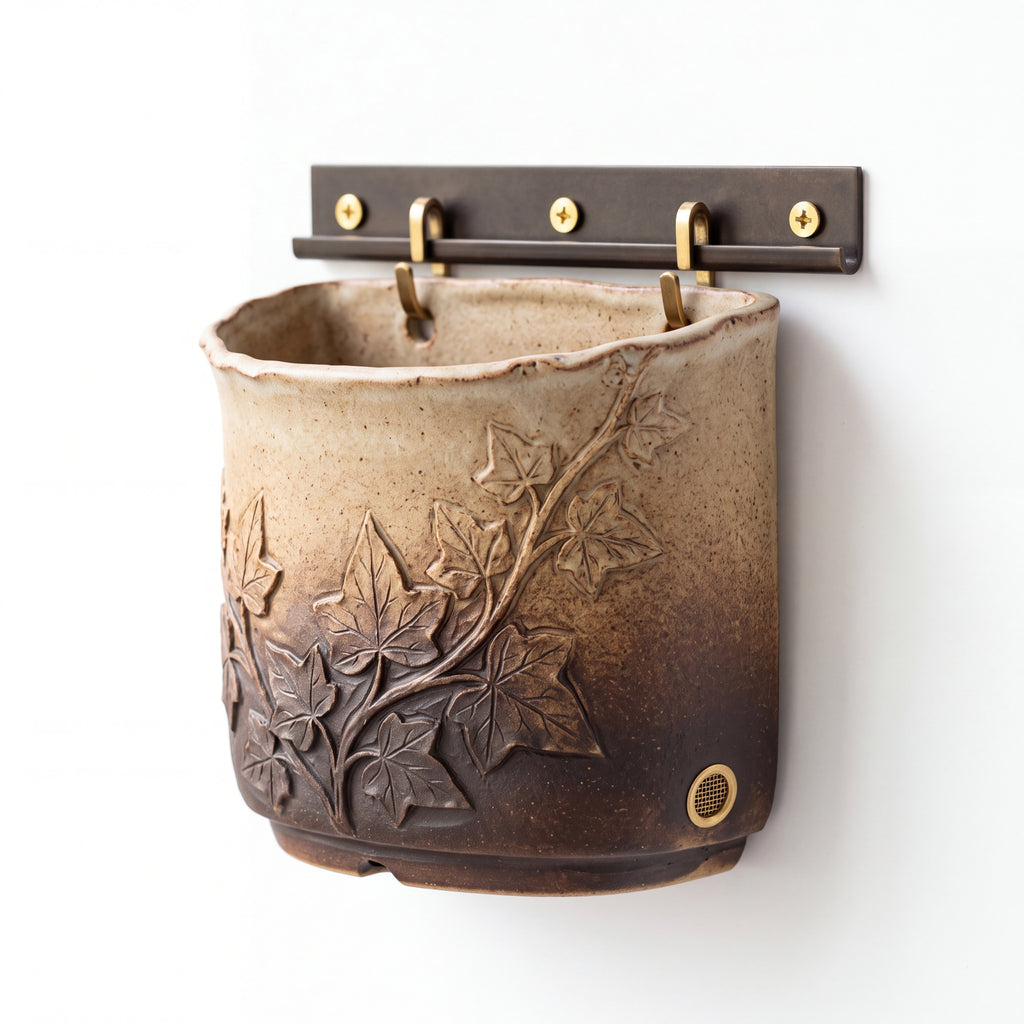 TERRA Collection | Ivy Carved Wall Planter — Hand-Carved Sandstone Fiber Clay Pocket Pot with Brass Hardware