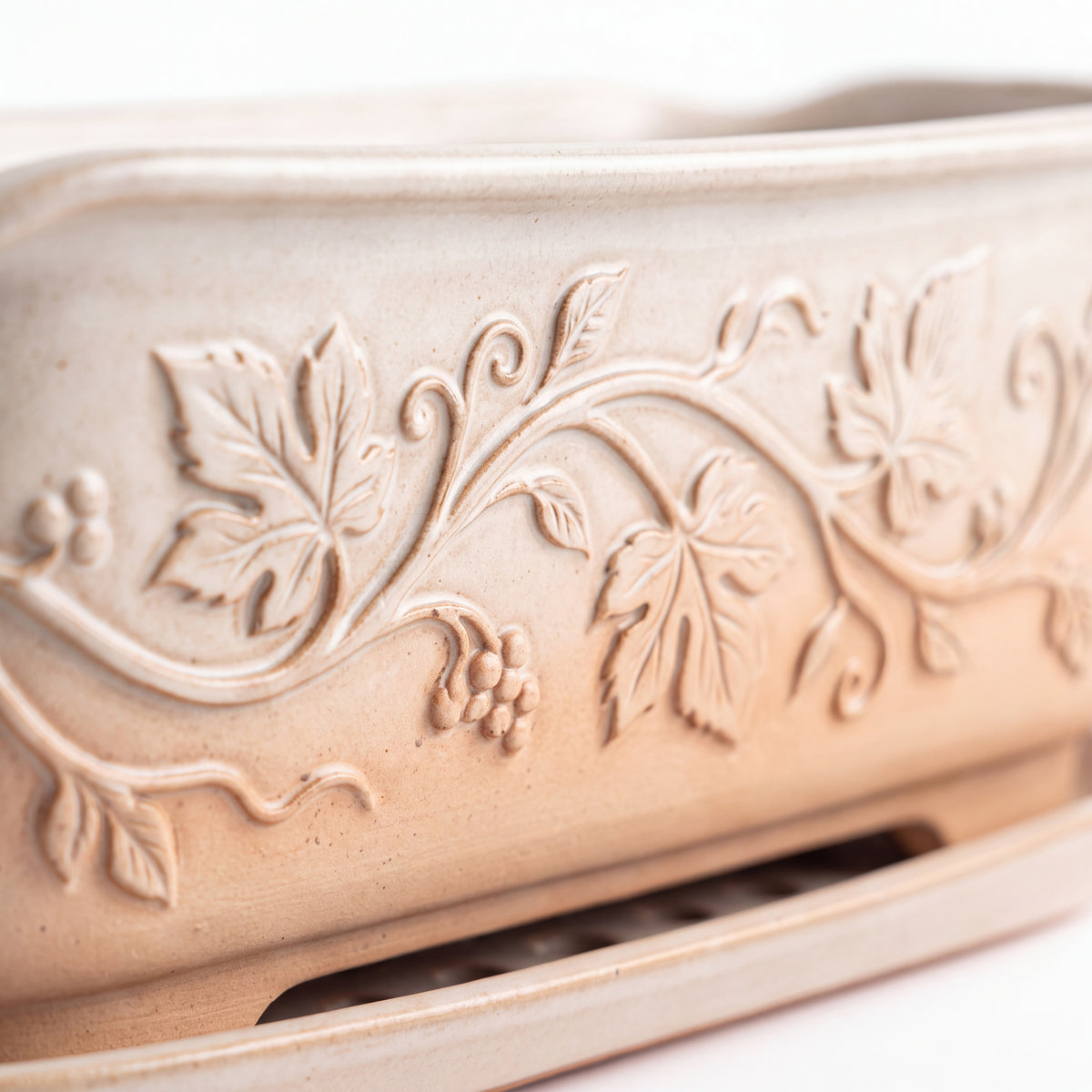 TERRA Collection | Vine Carved Trough Planter — Hand-Carved Rectangular Fiber Clay Pot with Brass Spout Tray