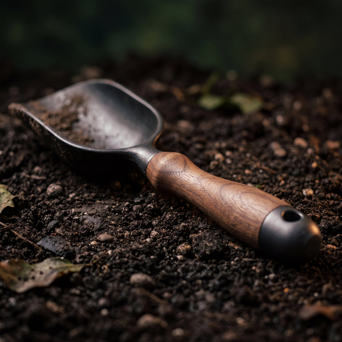 STEEL Collection | Cast Iron Soil Scoop — Walnut Handle, Deep Bowl Forged Garden Scoop for Potting & Repotting