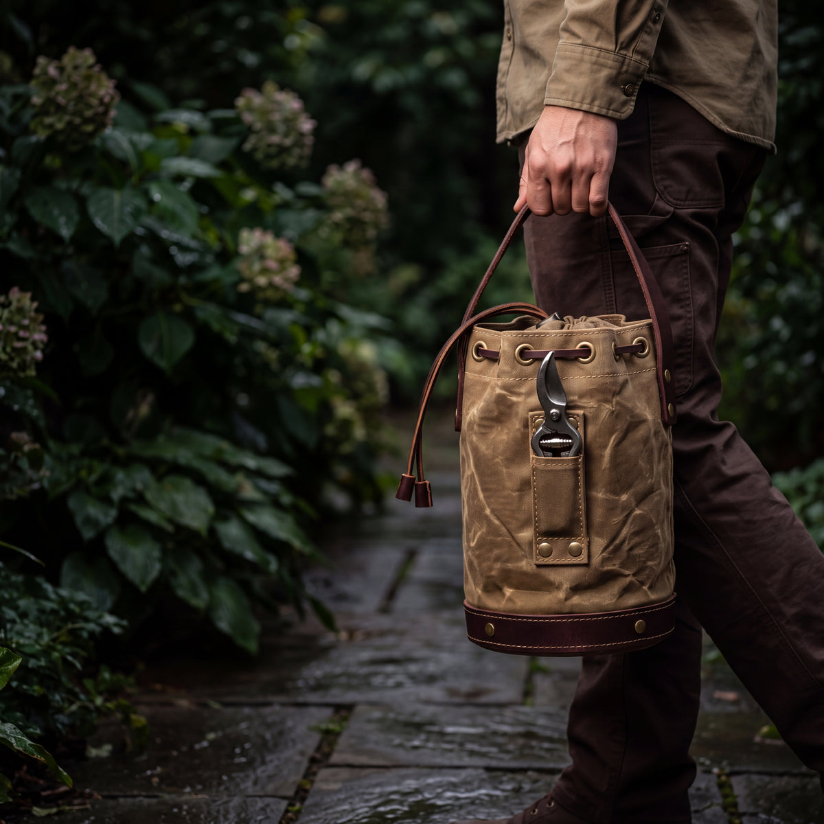 CANVAS Collection | Waxed Canvas Tool Bucket — Mini Cylindrical Garden Carry-All with Leather Handle & Drawstring