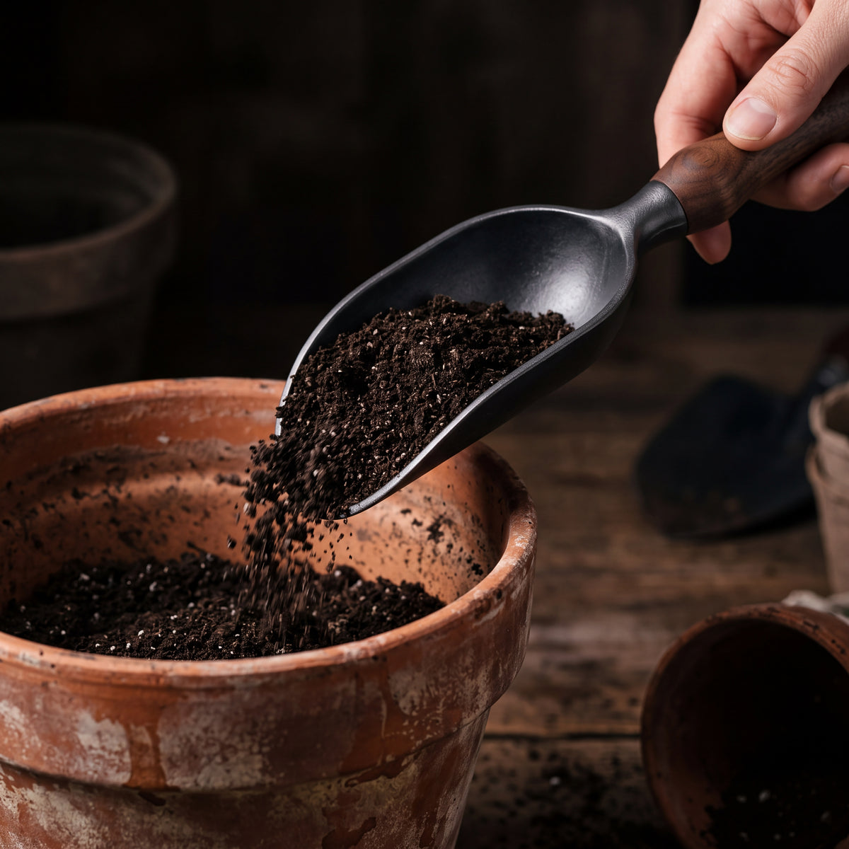 STEEL Collection | Cast Iron Soil Scoop — Walnut Handle, Deep Bowl Forged Garden Scoop for Potting & Repotting