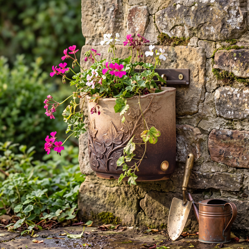 TERRA Collection | Ivy Carved Wall Planter — Hand-Carved Sandstone Fiber Clay Pocket Pot with Brass Hardware