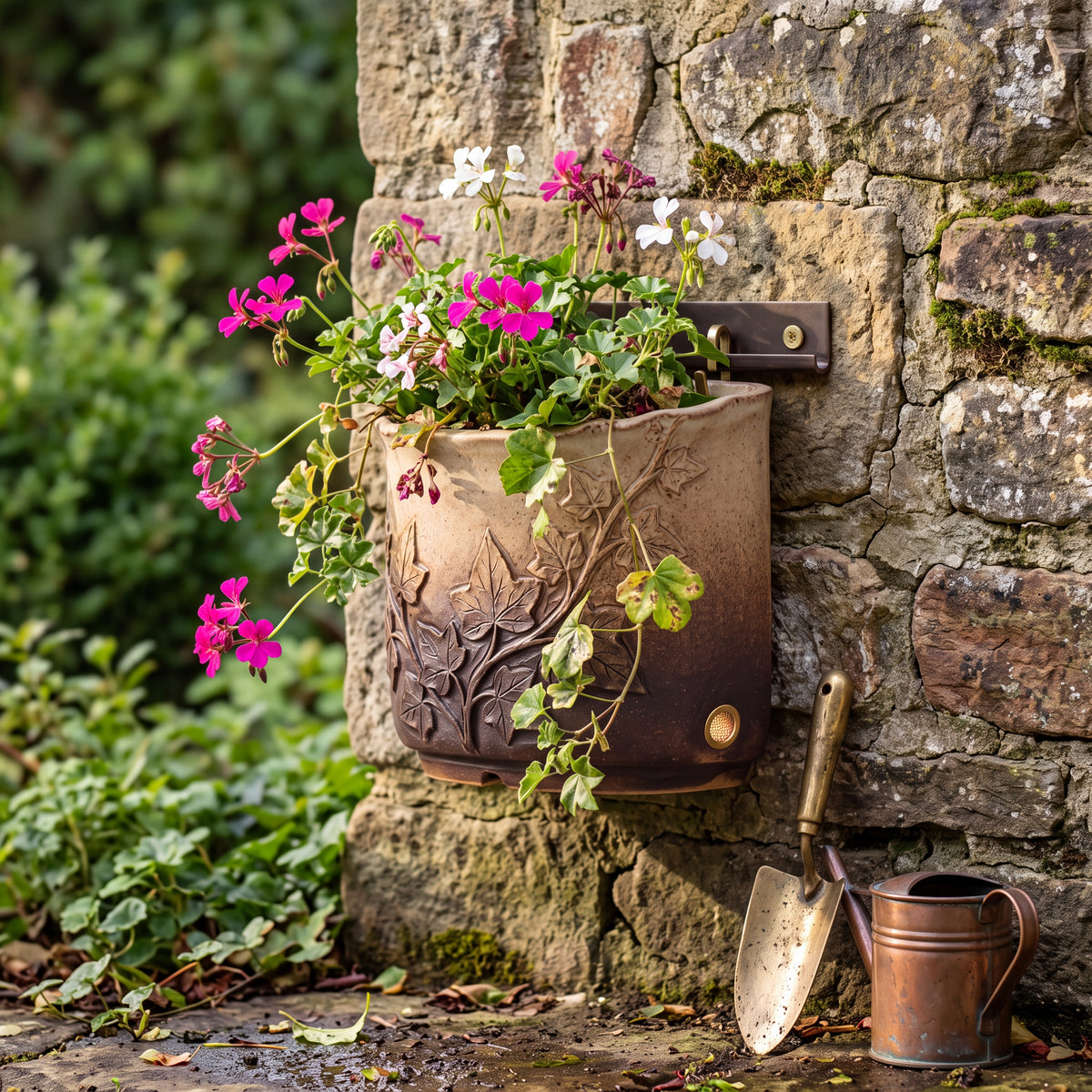TERRA Collection | Ivy Carved Wall Planter — Hand-Carved Sandstone Fiber Clay Pocket Pot with Brass Hardware