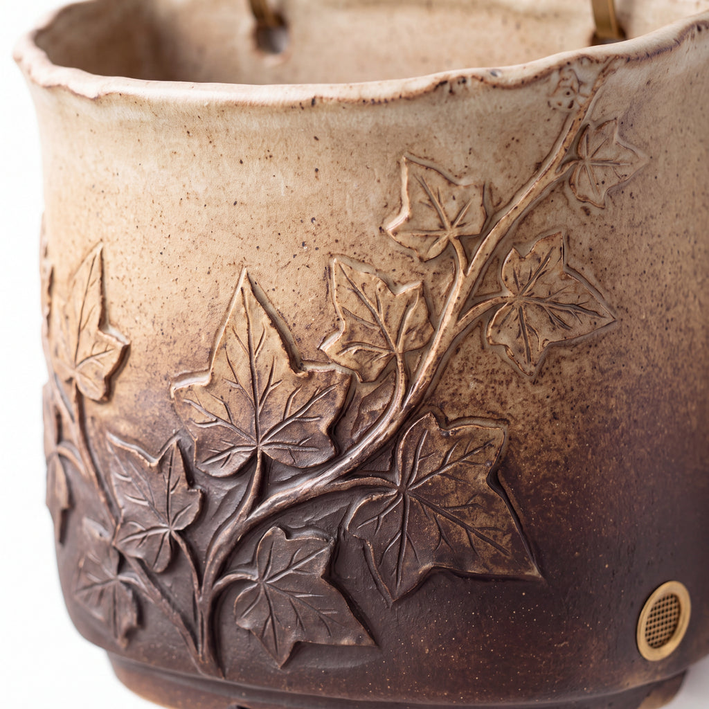 TERRA Collection | Ivy Carved Wall Planter — Hand-Carved Sandstone Fiber Clay Pocket Pot with Brass Hardware