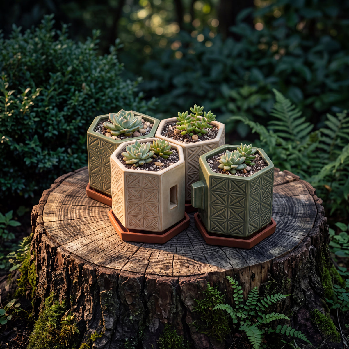 TERRA Collection | Modular Hex Planter — Hand-Carved Geometric Clay Pot Set with Terracotta Trays