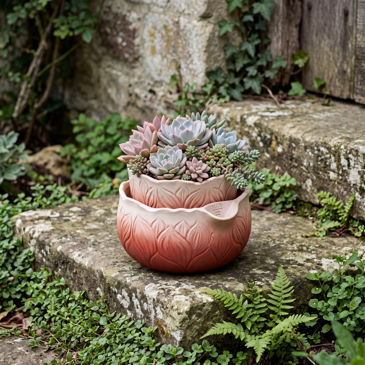 TERRA Collection | Self-Watering Terracotta Planter — Hand-Carved Lightweight Fiber Clay Pot