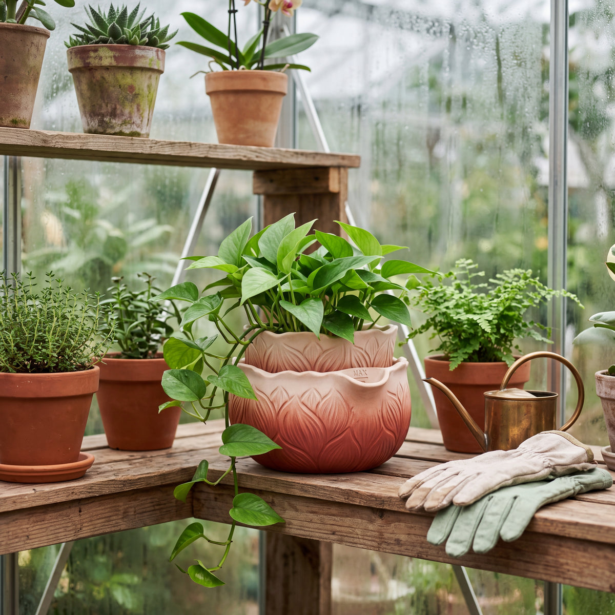 TERRA Collection | Self-Watering Terracotta Planter — Hand-Carved Lightweight Fiber Clay Pot