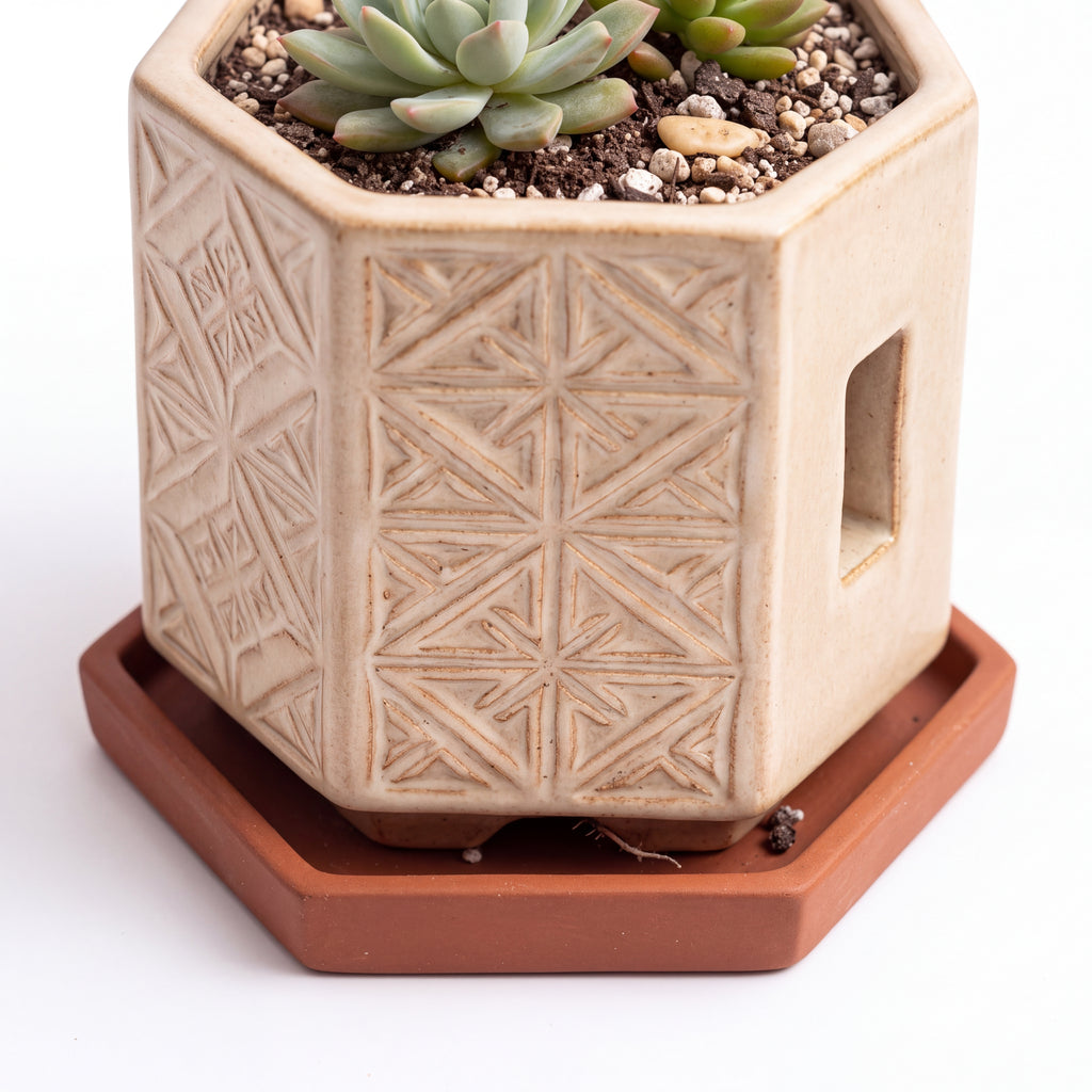 TERRA Collection | Modular Hex Planter — Hand-Carved Geometric Clay Pot Set with Terracotta Trays