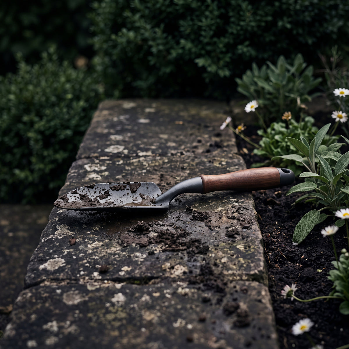 STEEL Collection | Cast Iron Garden Trowel — Walnut Handle, Satin Finish Forged Hand Trowel