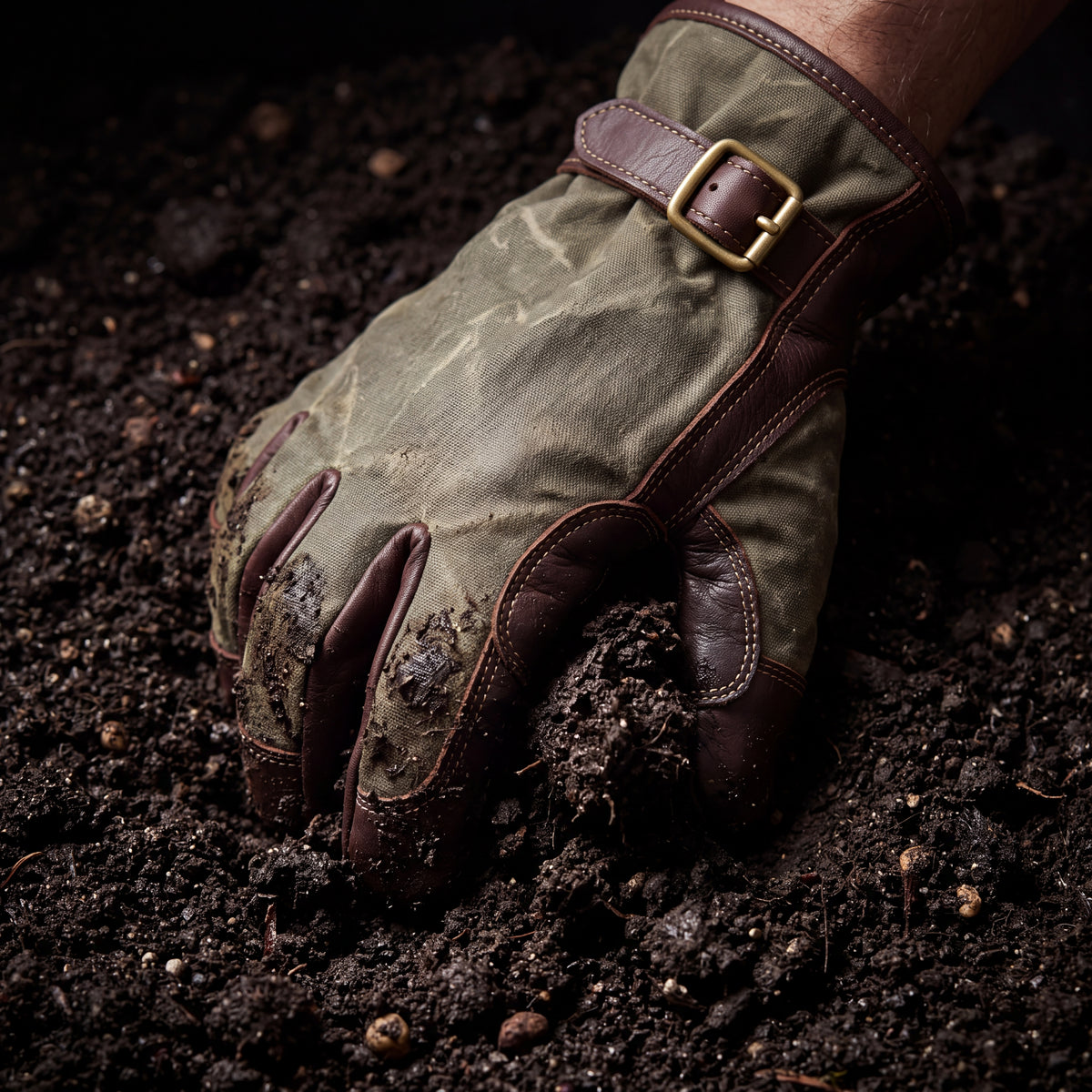 CANVAS Collection | Waxed Canvas Garden Gloves — Full-Grain Leather Palm, Brass Buckle Work Gloves