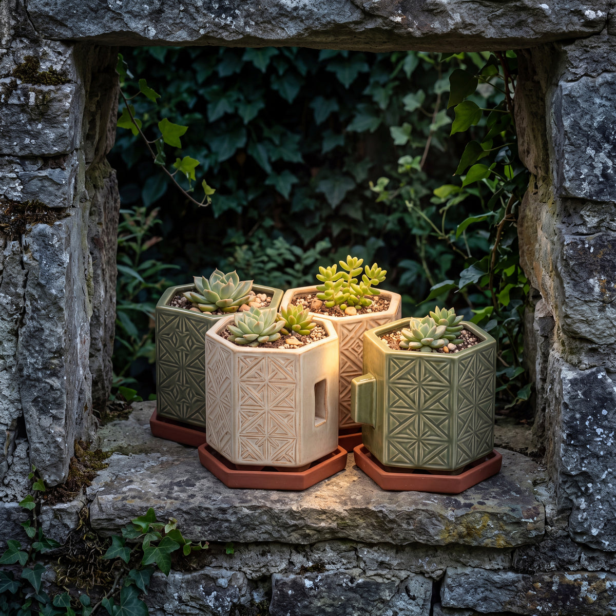 TERRA Collection | Modular Hex Planter — Hand-Carved Geometric Clay Pot Set with Terracotta Trays