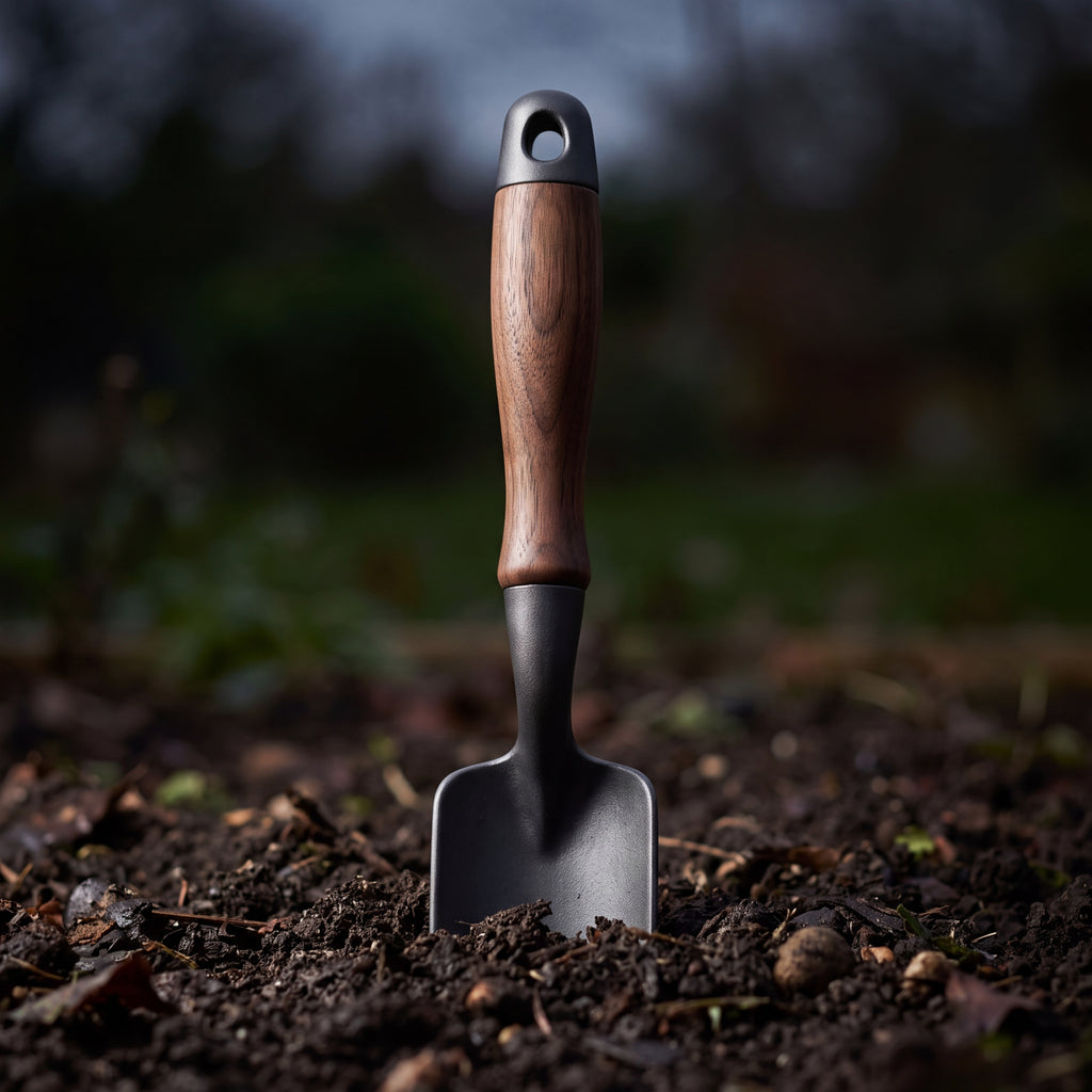 STEEL Collection | Cast Iron Garden Trowel — Walnut Handle, Satin Finish Forged Hand Trowel