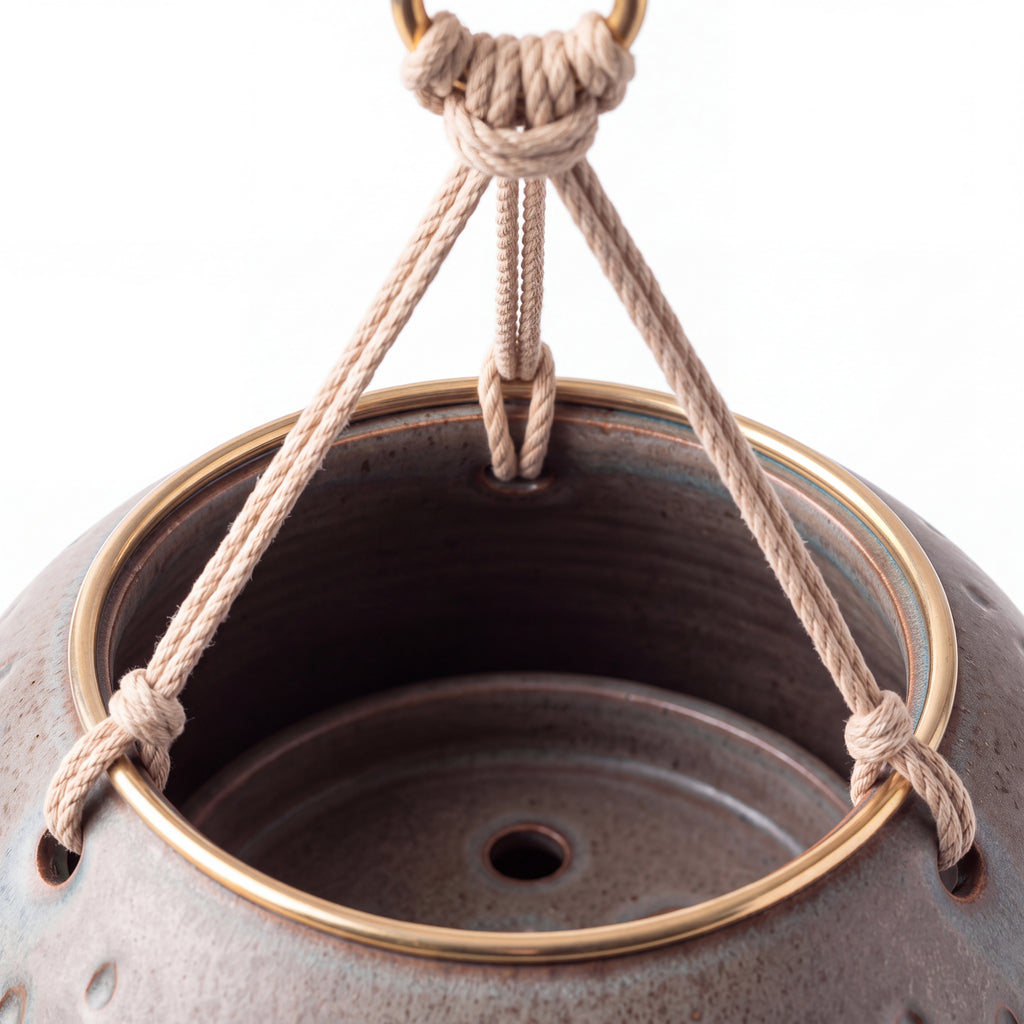 TERRA Collection | Hanging Bubble Planter — Hand-Carved Sphere Clay Pot with Brass Ring & Cotton Rope