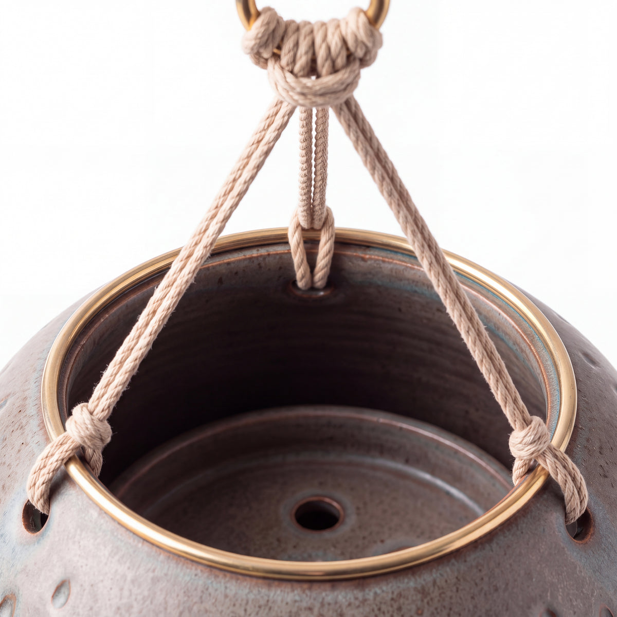 TERRA Collection | Hanging Bubble Planter — Hand-Carved Sphere Clay Pot with Brass Ring & Cotton Rope