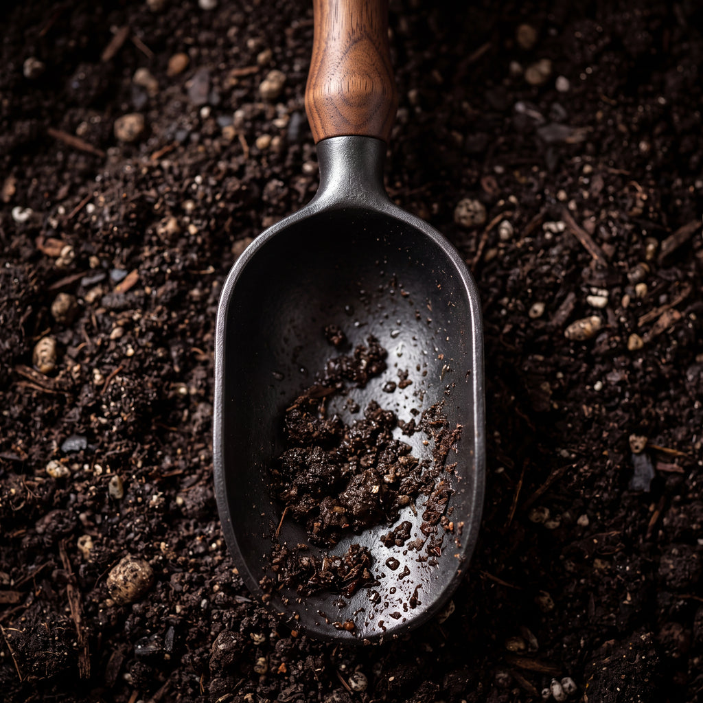STEEL Collection | Cast Iron Soil Scoop — Walnut Handle, Deep Bowl Forged Garden Scoop for Potting & Repotting