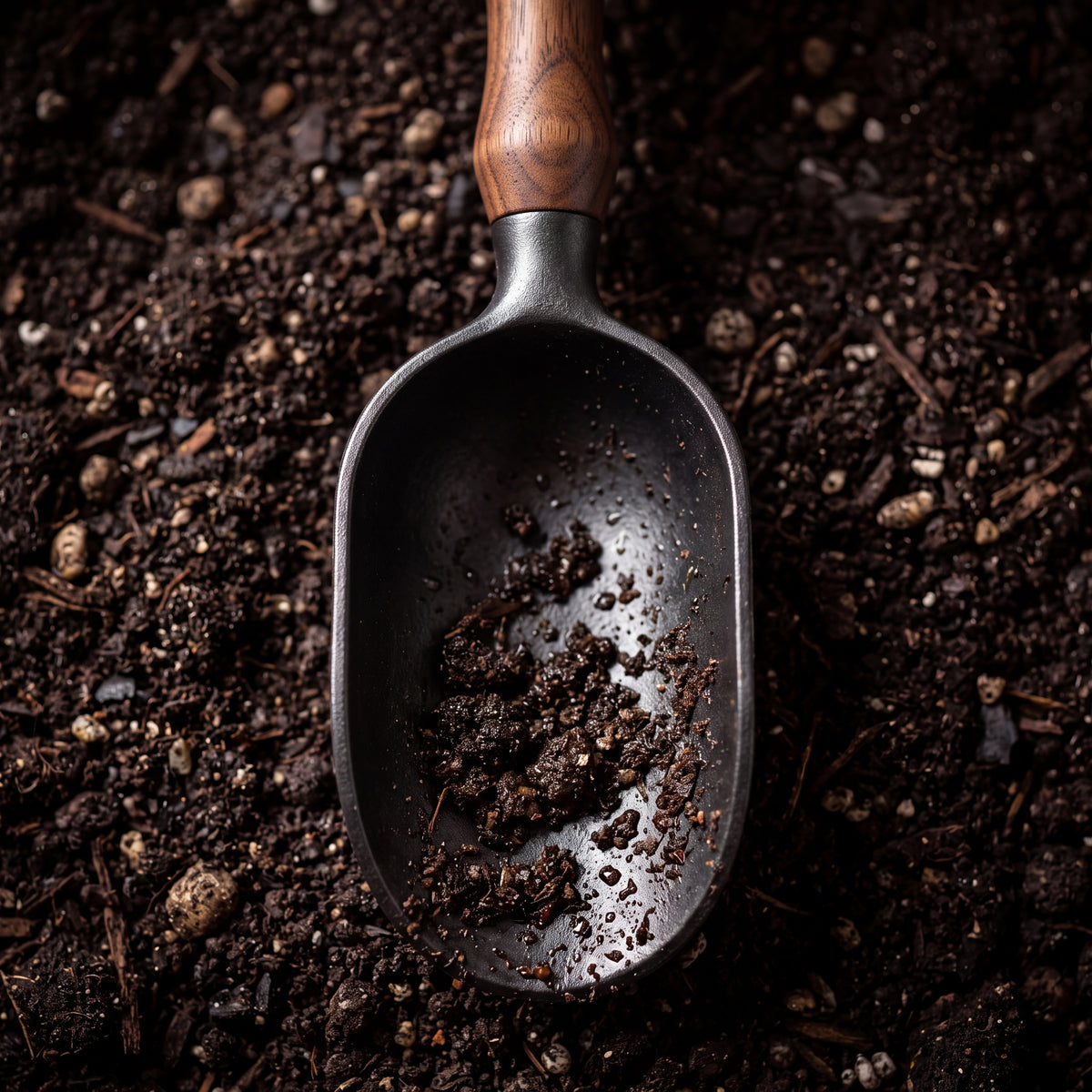 STEEL Collection | Cast Iron Soil Scoop — Walnut Handle, Deep Bowl Forged Garden Scoop for Potting & Repotting