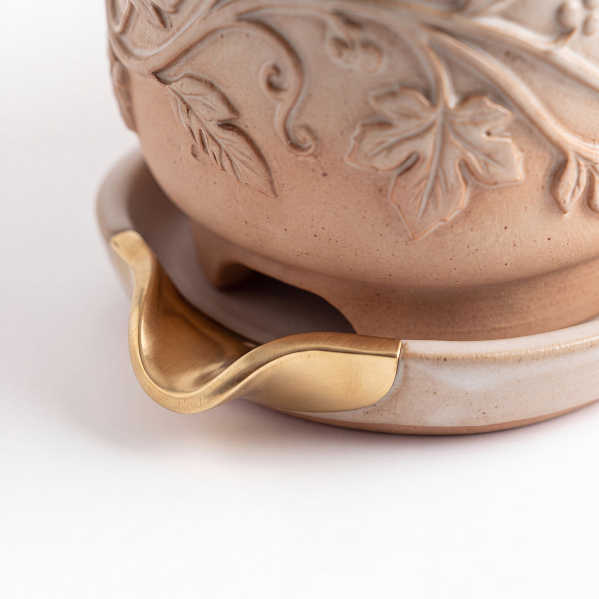 TERRA Collection | Vine Carved Trough Planter — Hand-Carved Rectangular Fiber Clay Pot with Brass Spout Tray