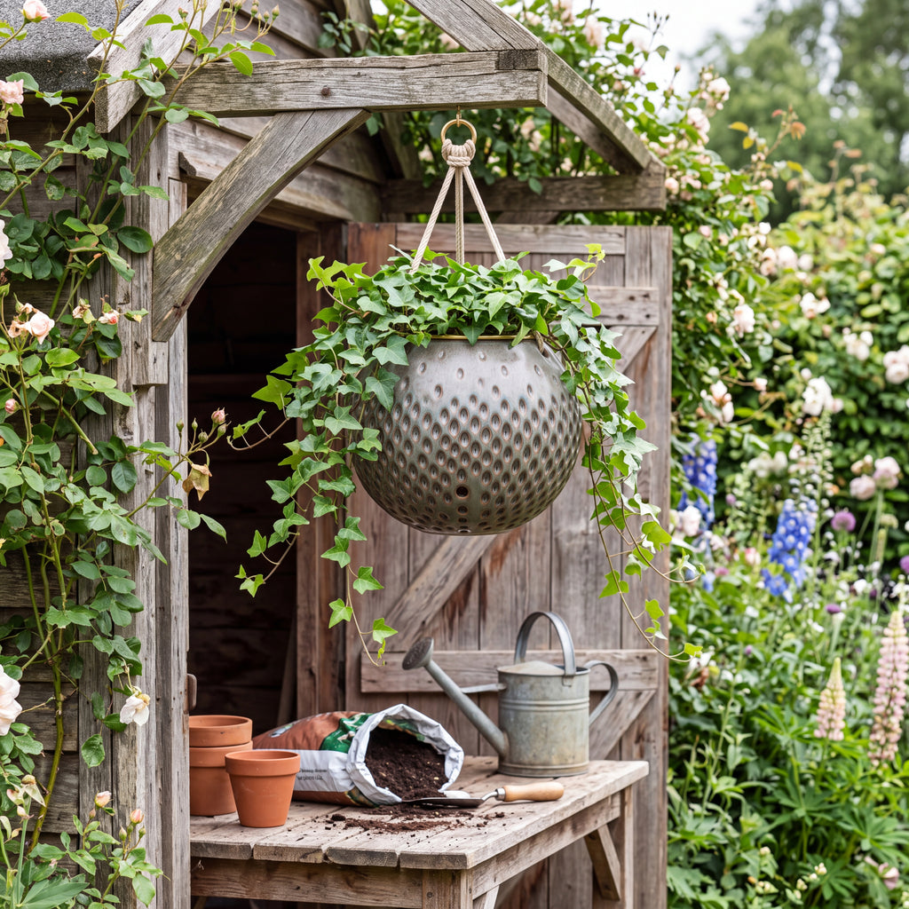 TERRA Collection | Hanging Bubble Planter — Hand-Carved Sphere Clay Pot with Brass Ring & Cotton Rope
