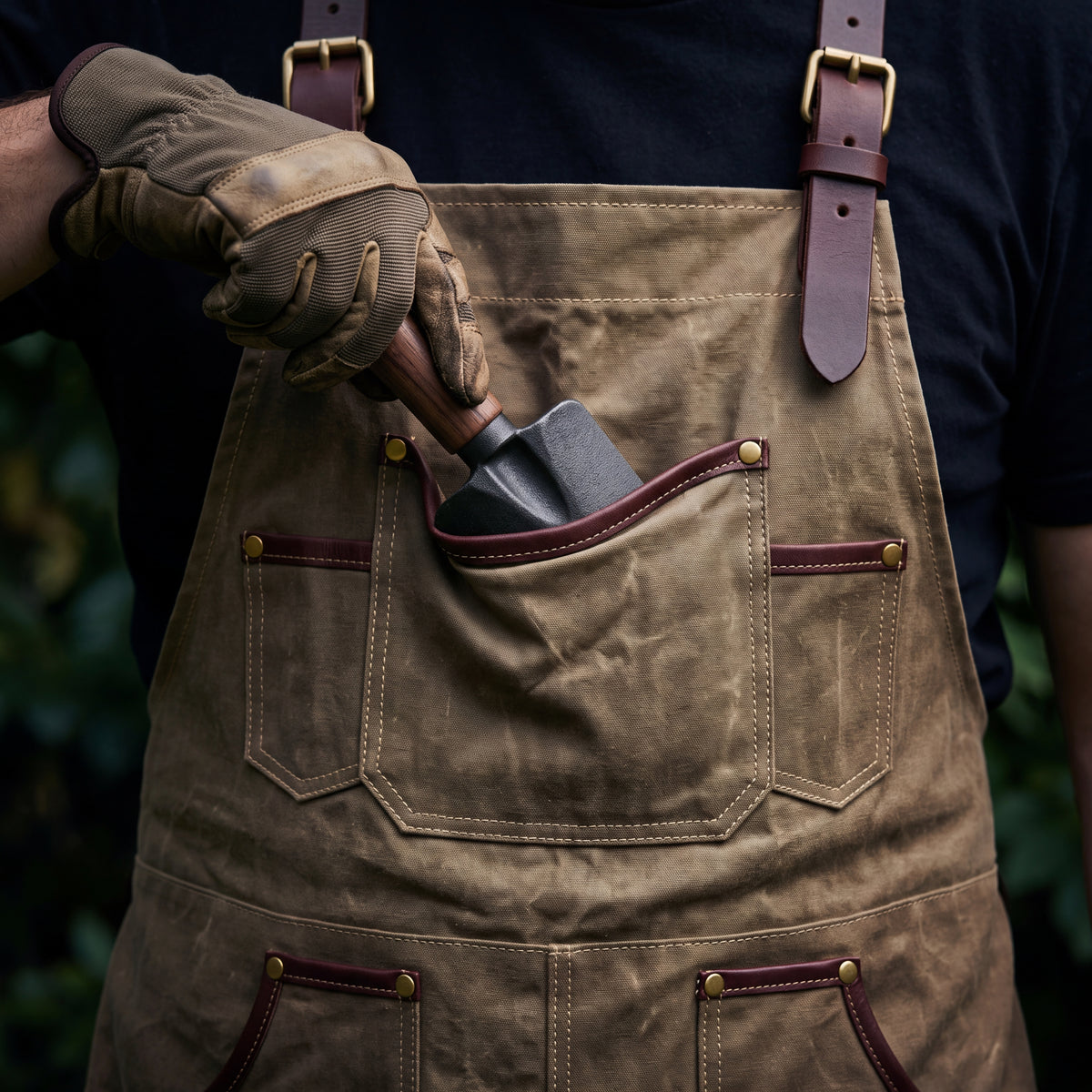 CANVAS Collection | Waxed Canvas Garden Apron — Multi-Pocket Work Apron with Leather Straps & Brass Hardware