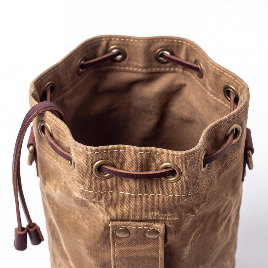 CANVAS Collection | Waxed Canvas Tool Bucket — Mini Cylindrical Garden Carry-All with Leather Handle & Drawstring