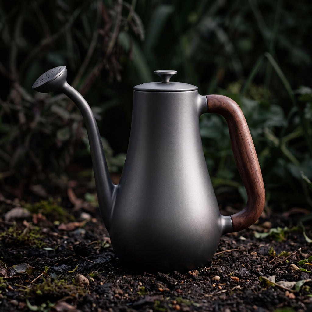 STEEL Collection | Cast Iron Long-Spout Watering Can — Walnut Handle, Brass Rose Sprinkler