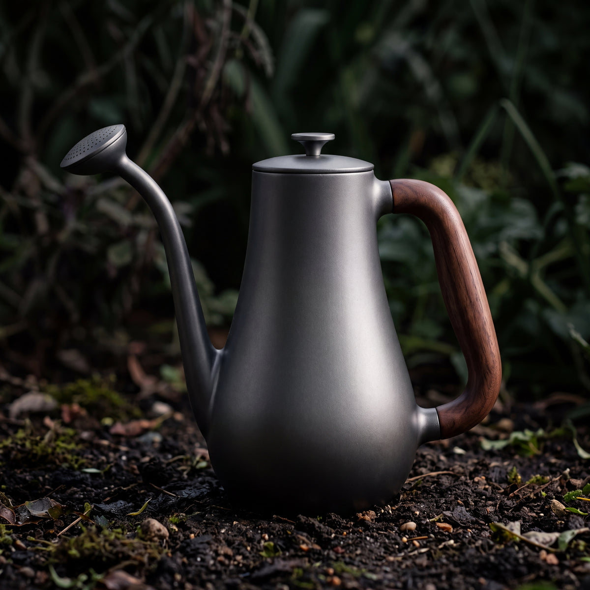 STEEL Collection | Cast Iron Long-Spout Watering Can — Walnut Handle, Brass Rose Sprinkler
