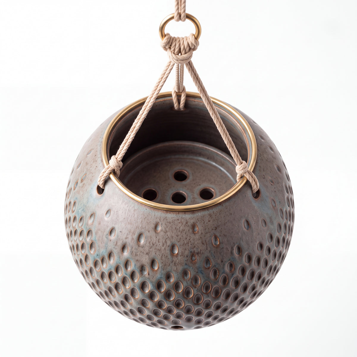 TERRA Collection | Hanging Bubble Planter — Hand-Carved Sphere Clay Pot with Brass Ring & Cotton Rope