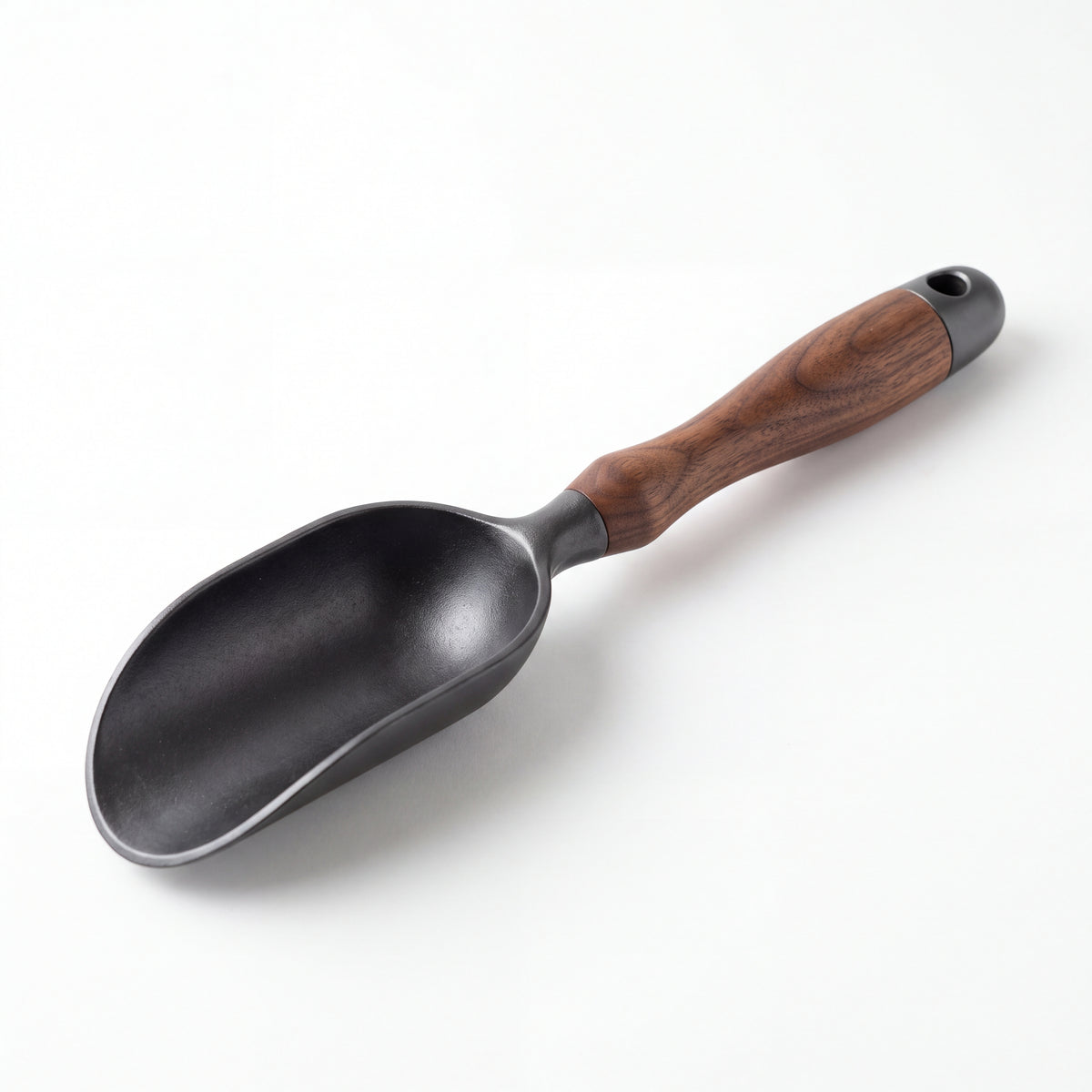 STEEL Collection | Cast Iron Soil Scoop — Walnut Handle, Deep Bowl Forged Garden Scoop for Potting & Repotting