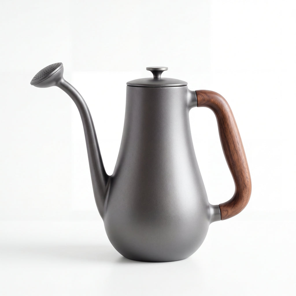 STEEL Collection | Cast Iron Long-Spout Watering Can — Walnut Handle, Brass Rose Sprinkler