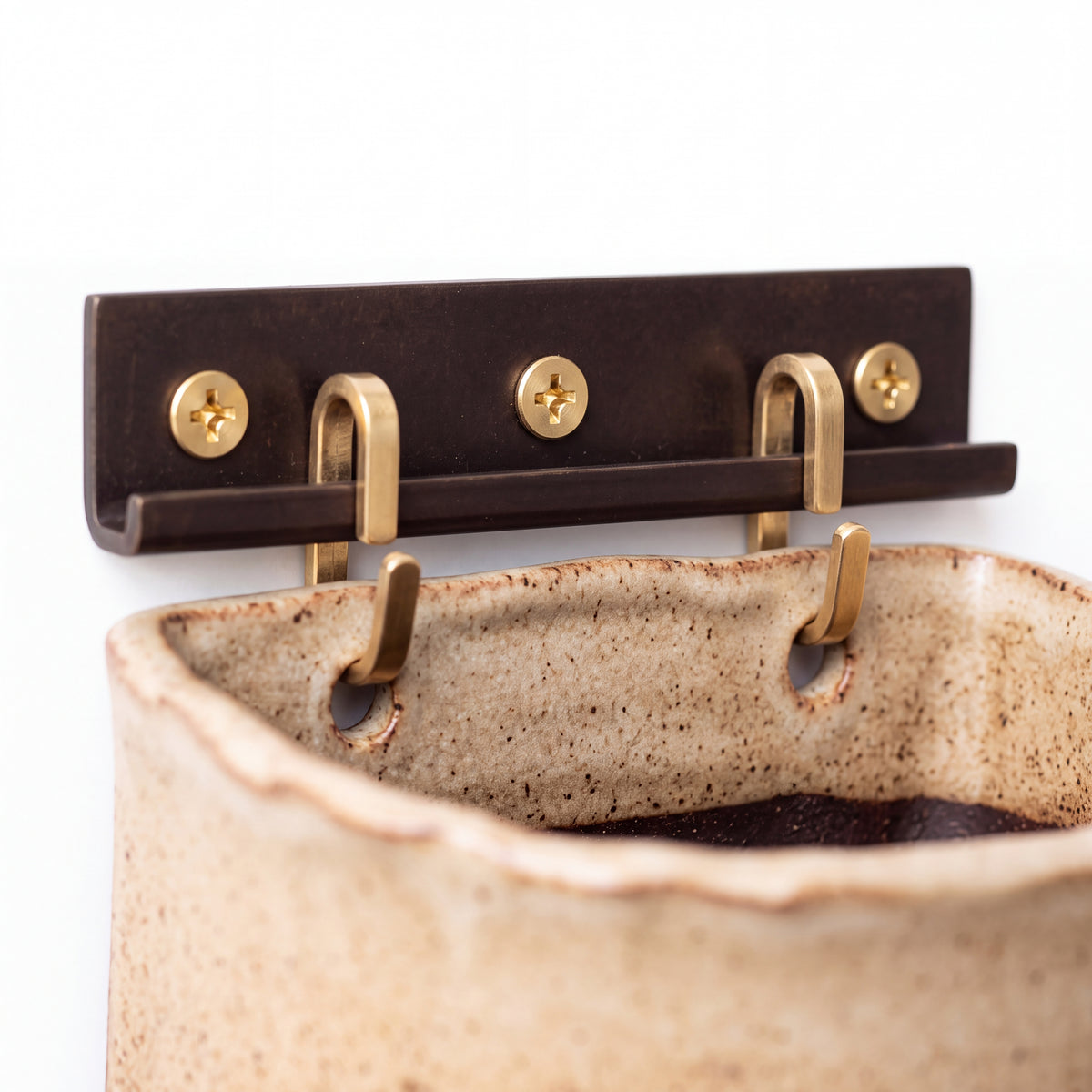 TERRA Collection | Ivy Carved Wall Planter — Hand-Carved Sandstone Fiber Clay Pocket Pot with Brass Hardware
