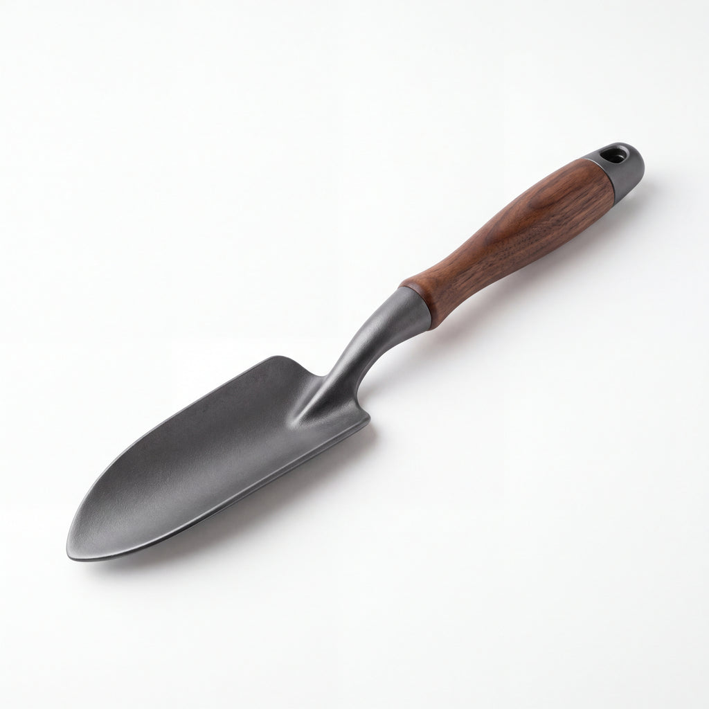 STEEL Collection | Cast Iron Garden Trowel — Walnut Handle, Satin Finish Forged Hand Trowel
