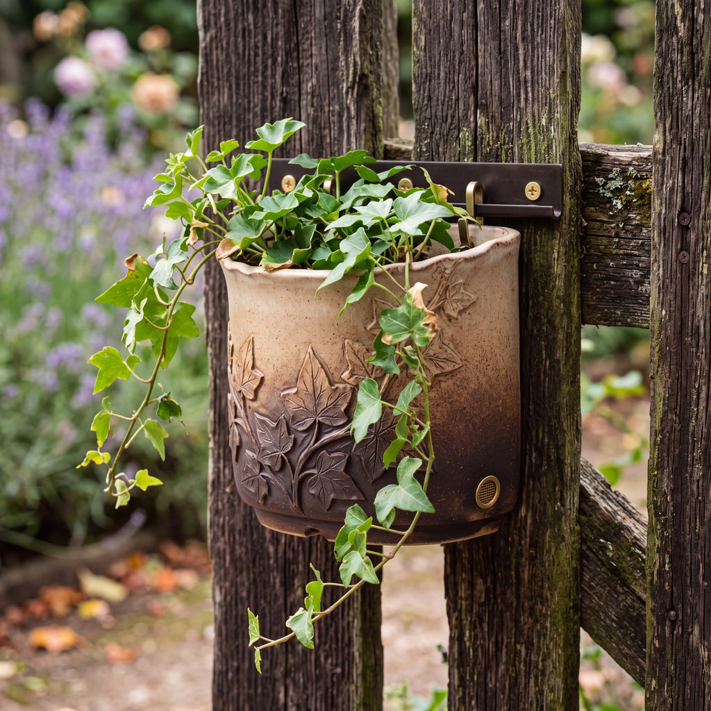 TERRA Collection | Ivy Carved Wall Planter — Hand-Carved Sandstone Fiber Clay Pocket Pot with Brass Hardware