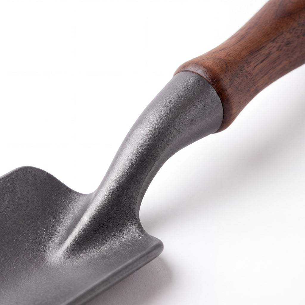 STEEL Collection | Cast Iron Garden Trowel — Walnut Handle, Satin Finish Forged Hand Trowel