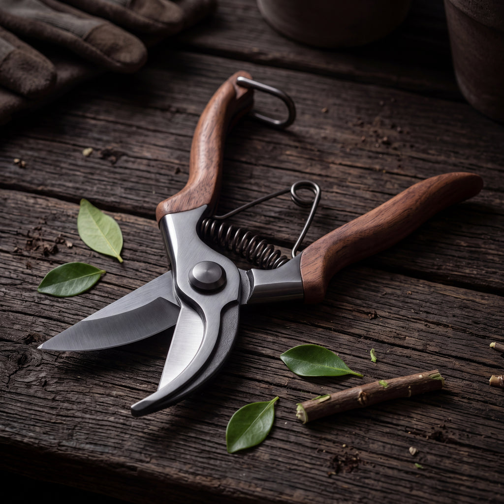 STEEL Collection | Bypass Pruning Shears — Walnut Handle, Hardened Steel Garden Pruners with Safety Lock