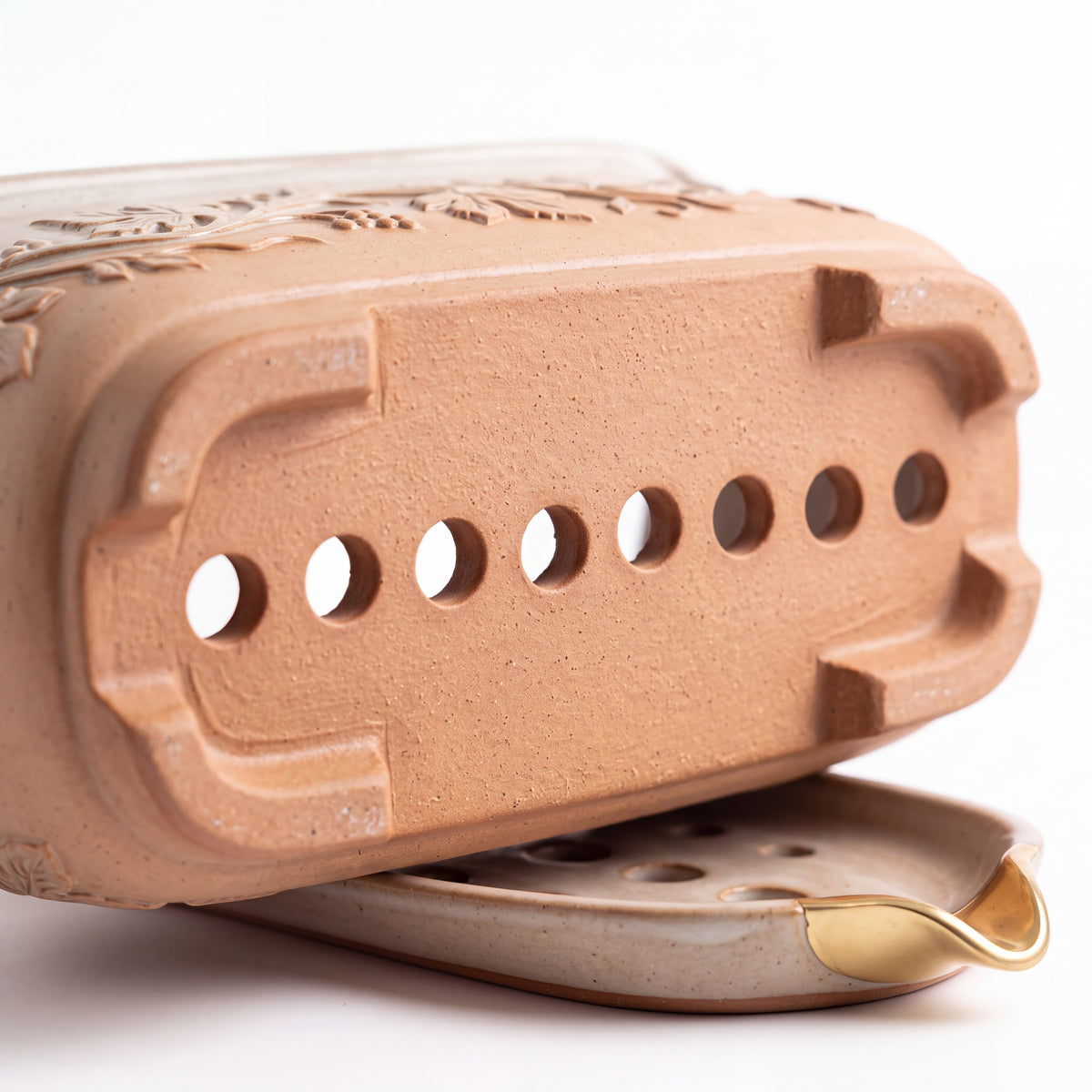 TERRA Collection | Vine Carved Trough Planter — Hand-Carved Rectangular Fiber Clay Pot with Brass Spout Tray