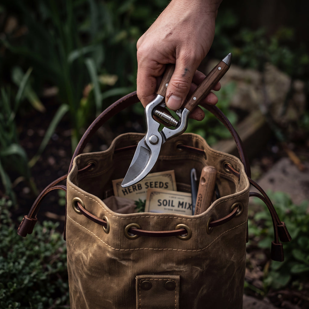 CANVAS Collection | Waxed Canvas Tool Bucket — Mini Cylindrical Garden Carry-All with Leather Handle & Drawstring