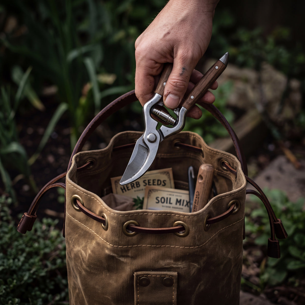 CANVAS Collection | Waxed Canvas Tool Bucket — Mini Cylindrical Garden Carry-All with Leather Handle & Drawstring