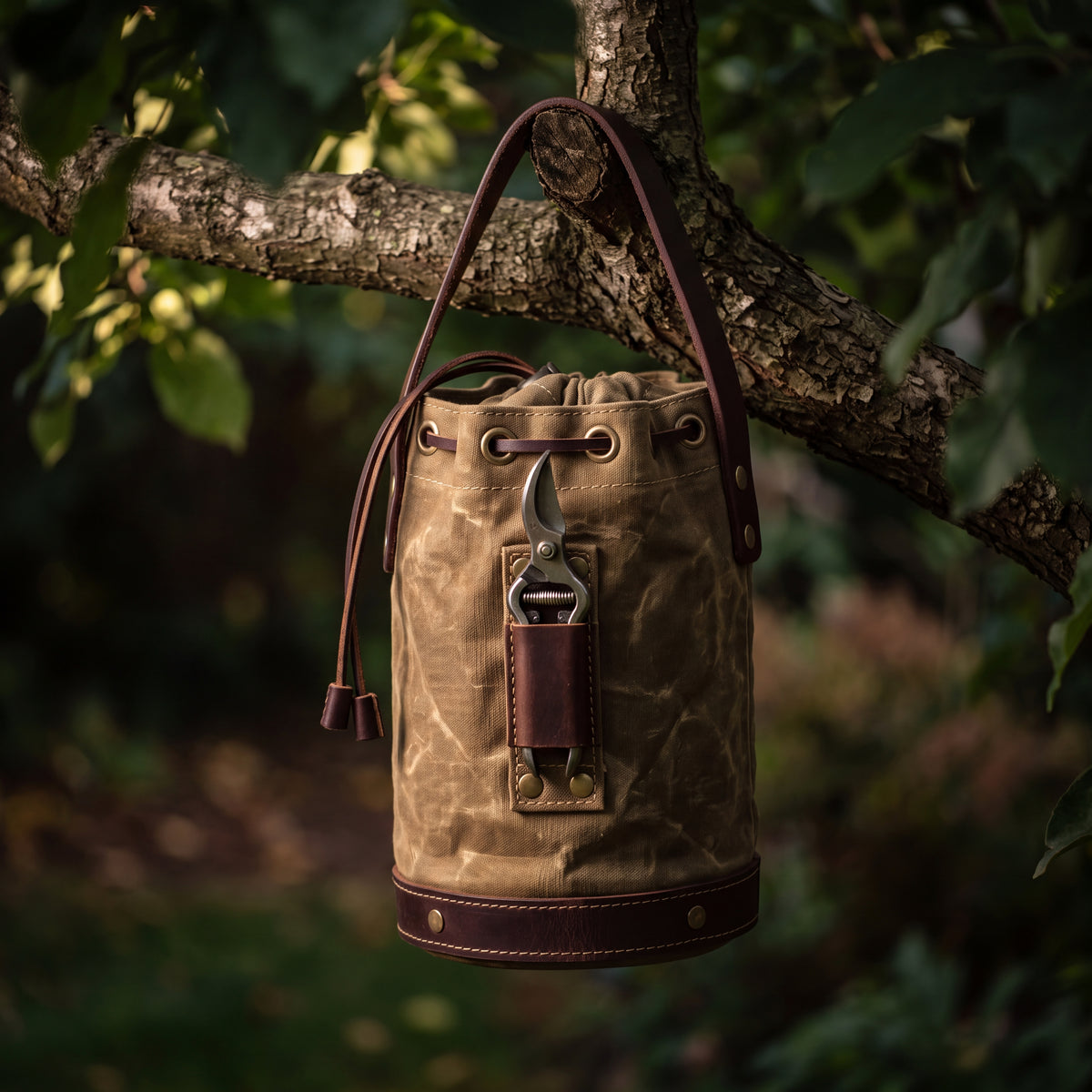 CANVAS Collection | Waxed Canvas Tool Bucket — Mini Cylindrical Garden Carry-All with Leather Handle & Drawstring