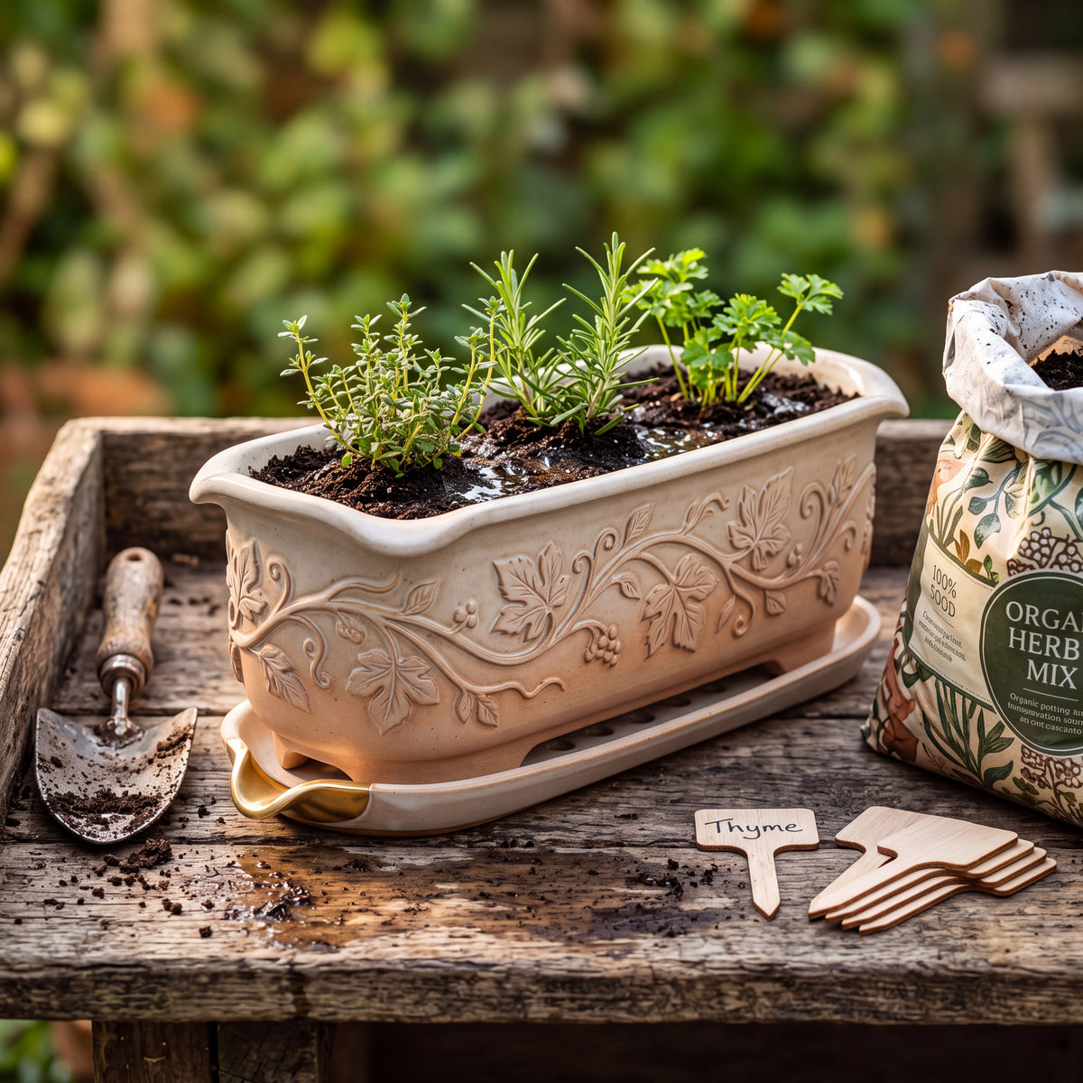 TERRA Collection | Vine Carved Trough Planter — Hand-Carved Rectangular Fiber Clay Pot with Brass Spout Tray