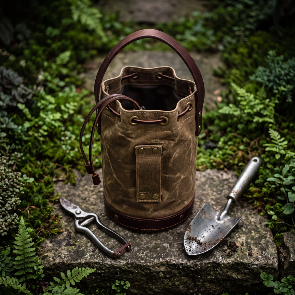 CANVAS Collection | Waxed Canvas Tool Bucket — Mini Cylindrical Garden Carry-All with Leather Handle & Drawstring