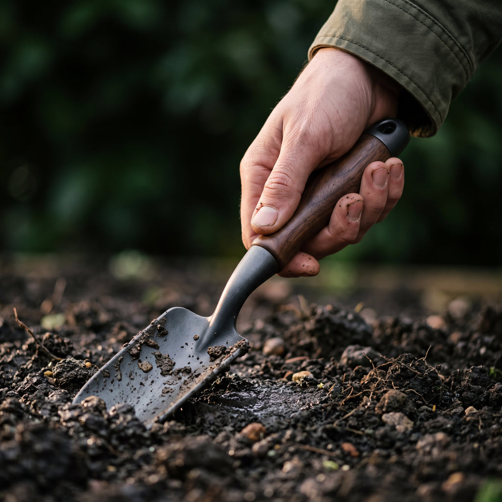 STEEL Collection | Cast Iron Garden Trowel — Walnut Handle, Satin Finish Forged Hand Trowel