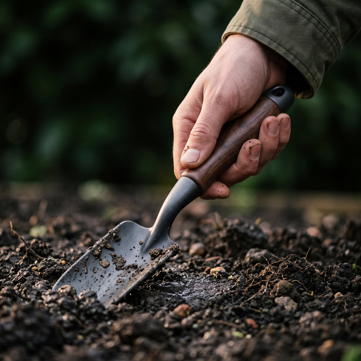 STEEL Collection | Cast Iron Garden Trowel — Walnut Handle, Satin Finish Forged Hand Trowel