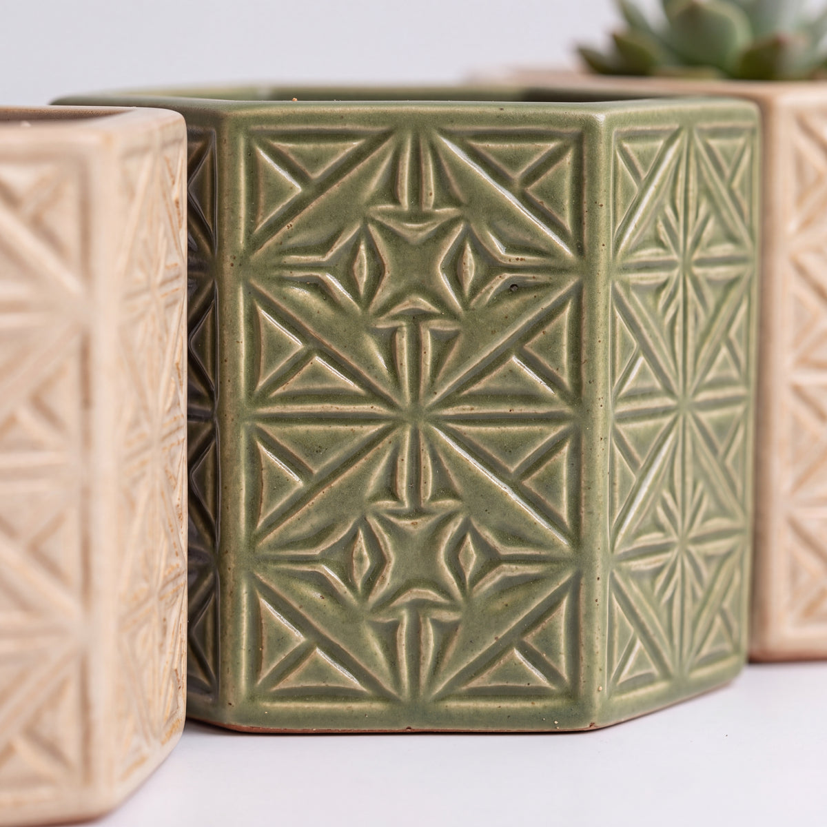 TERRA Collection | Modular Hex Planter — Hand-Carved Geometric Clay Pot Set with Terracotta Trays