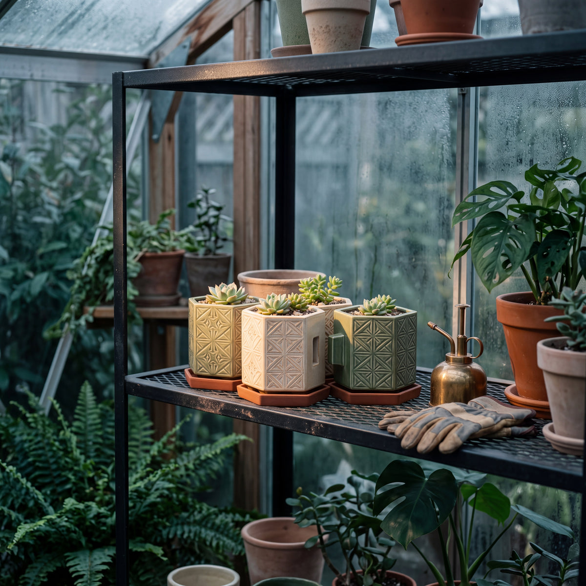 TERRA Collection | Modular Hex Planter — Hand-Carved Geometric Clay Pot Set with Terracotta Trays