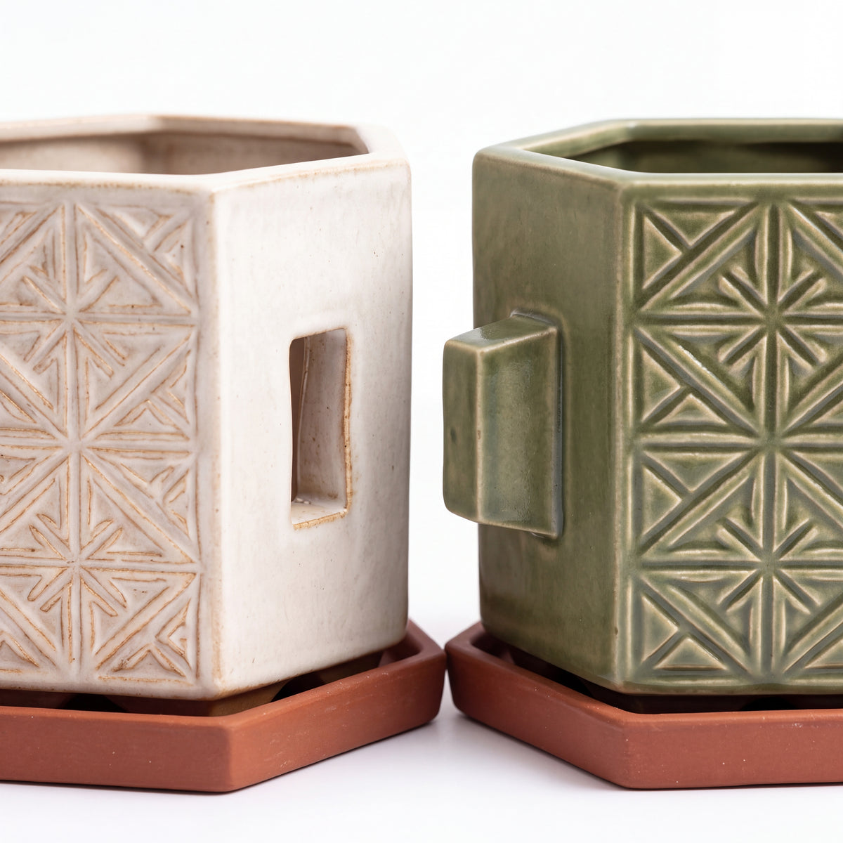 TERRA Collection | Modular Hex Planter — Hand-Carved Geometric Clay Pot Set with Terracotta Trays