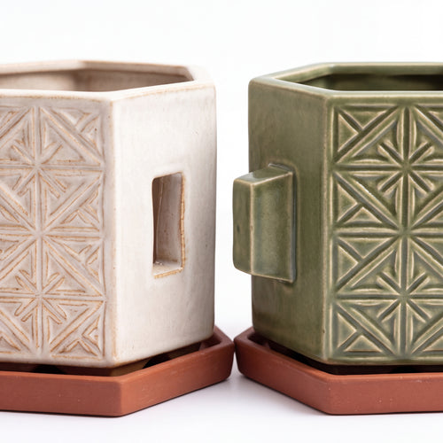 TERRA Collection | Modular Hex Planter — Hand-Carved Geometric Clay Pot Set with Terracotta Trays