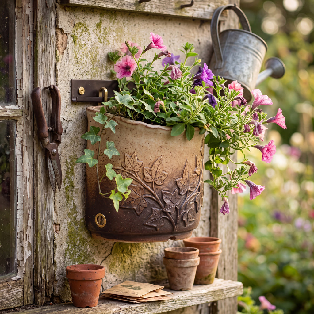 TERRA Collection | Ivy Carved Wall Planter — Hand-Carved Sandstone Fiber Clay Pocket Pot with Brass Hardware