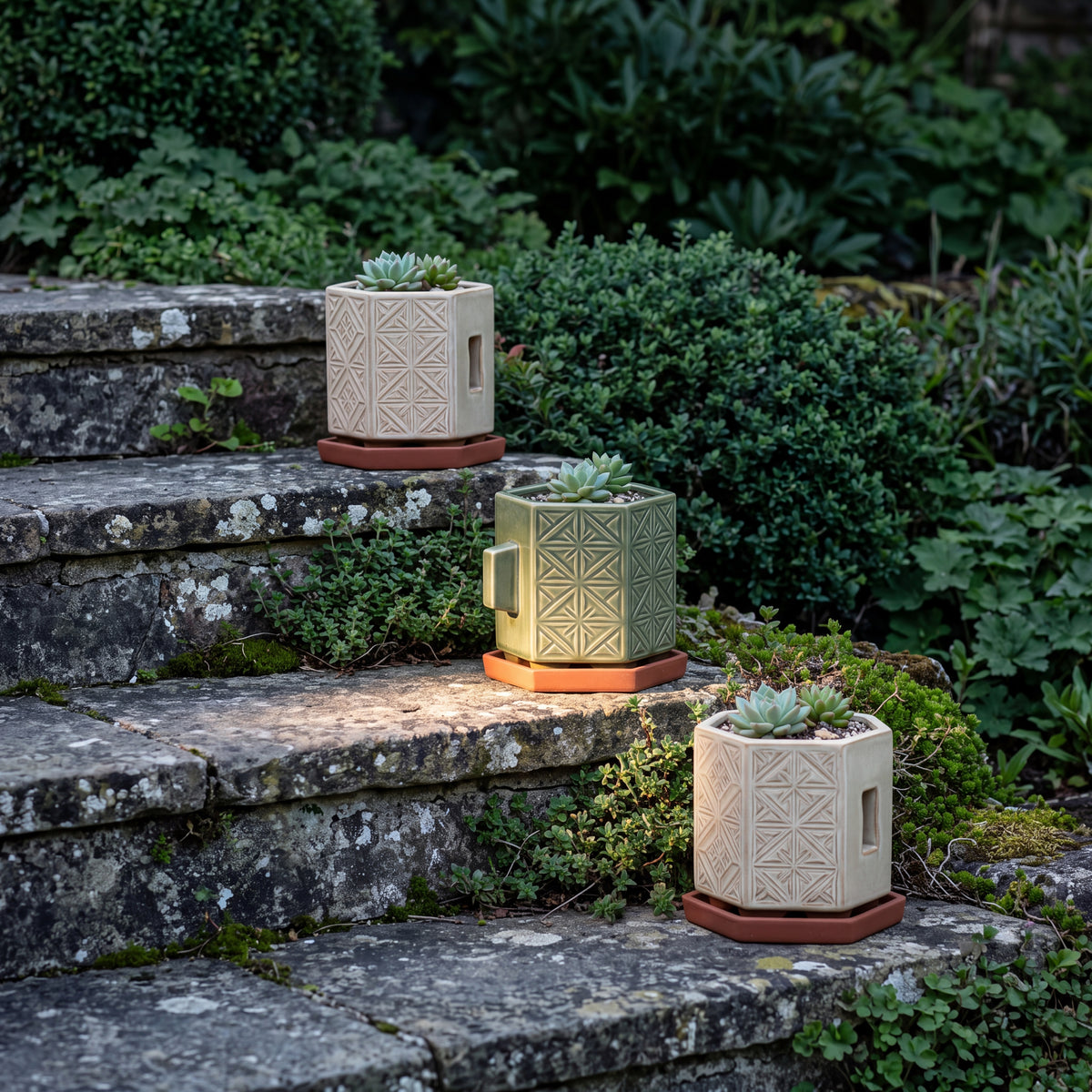 TERRA Collection | Modular Hex Planter — Hand-Carved Geometric Clay Pot Set with Terracotta Trays